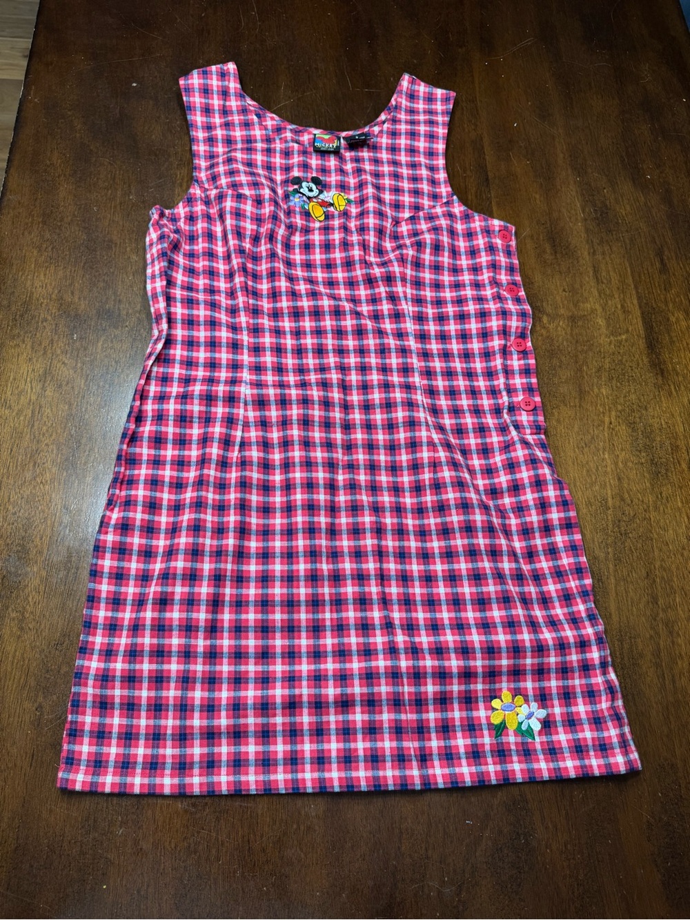 Vintage Mickey Unlimited Pink Plaid Sleeveless Dress with Embroidered Flower